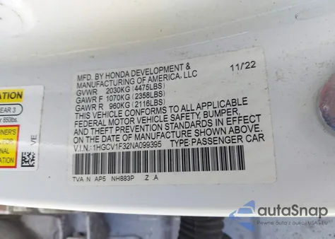 2022 Honda Accord Sport из США, поврежденный, VIN 1HGCV1F32NA099395